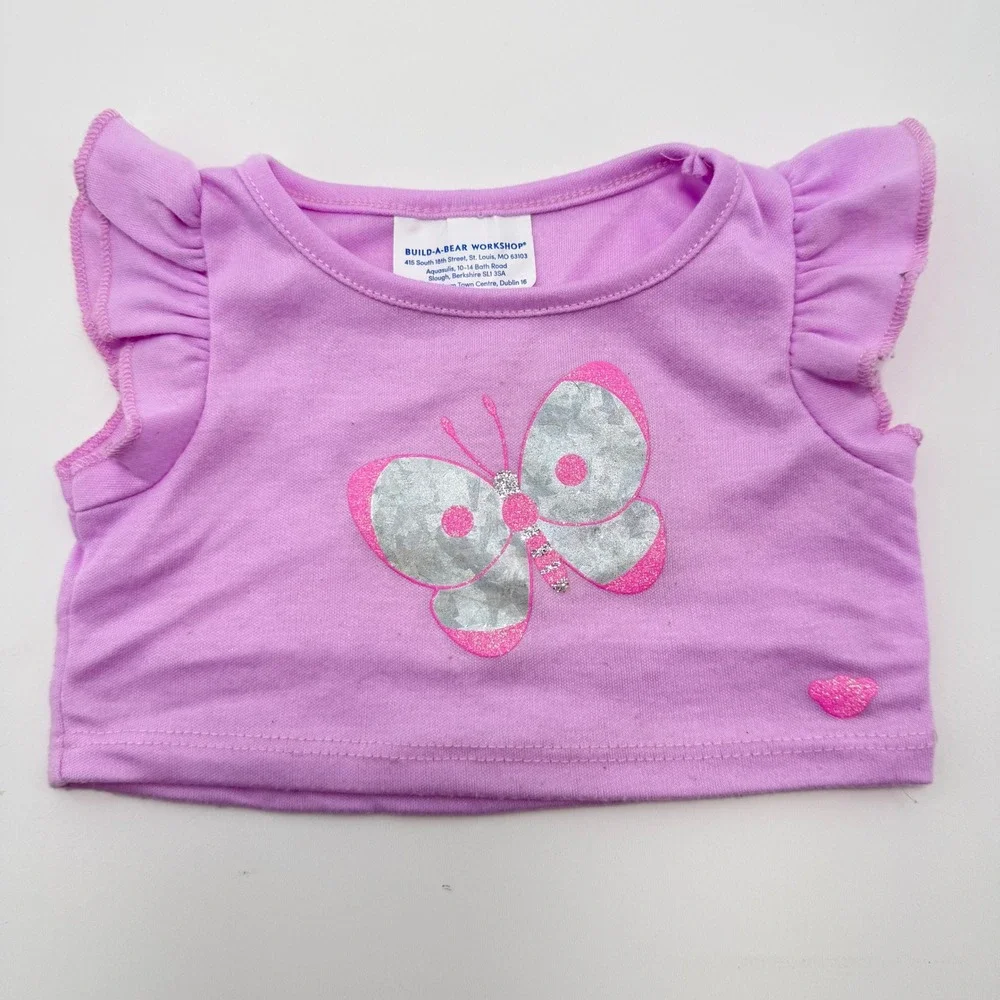Build‑A‑Bear Purple Butterfly Shirt Plush Doll Clothes Glitter Ruffle Sleeve Top